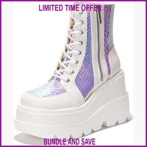 Platform Ankle Boots Chunky Block Heel Holographic Synthetic Zip Closure